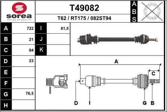 Полуось (привод в сборе, приводной вал) EAI. Артикул T49082