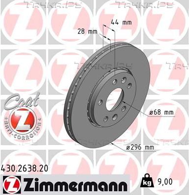 Тормозной диск Zimmermann Coat Z передний для Opel Vivaro B 2014-2018. Артикул 430.2638.20