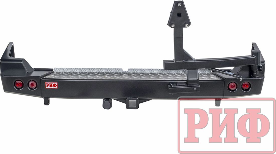 Бампер силовой РИФ задний с квадратом под фаркоп, калиткой и фонарями, подсветкой номера для Toyota Land Cruiser 100 1997-2007. Артикул RIF100-21125