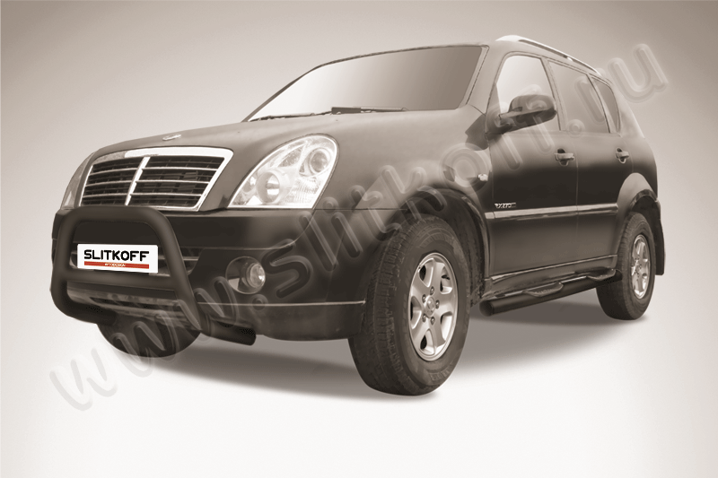 Кенгурятник Slitkoff d57 низкий ЧЕРНЫЙ матовый для SsangYong Rexton II 2010-2012. Артикул SSR004B