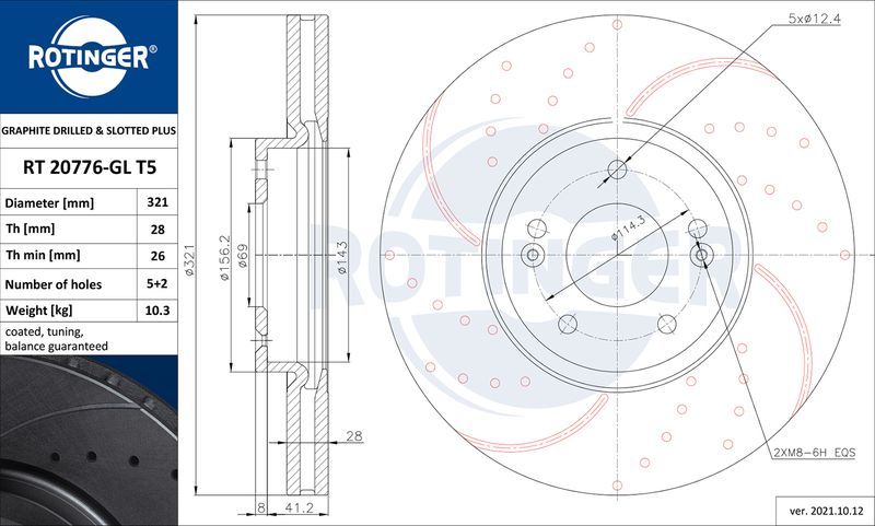 Тормозной диск Rotinger GRAPHITE DRILLED & SLOTTED PLUS. Артикул RT 20776-GL T5