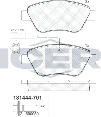 Тормозные колодки Icer передние для Fiat Stilo 2001-2008. Артикул 181444-701