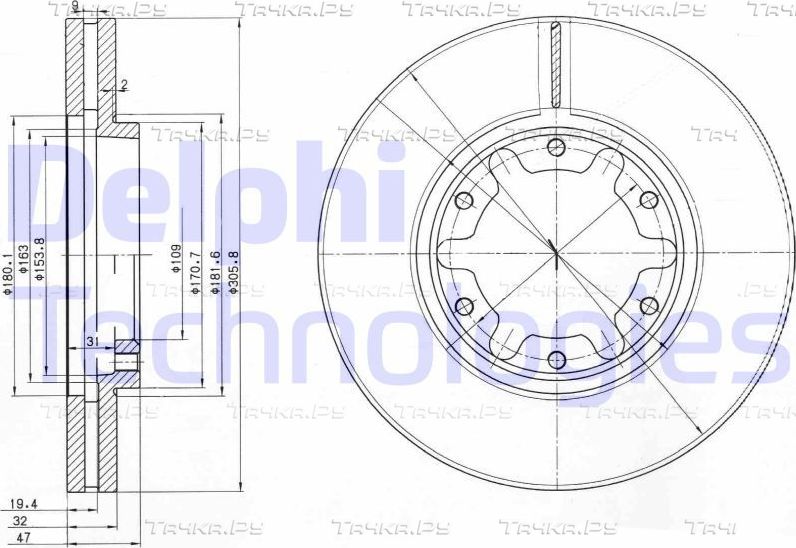 Тормозной диск Delphi передний для Nissan Patrol Y61 1997-2026. Артикул BG3817