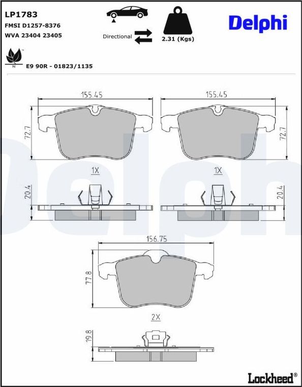 Тормозные колодки Delphi (Low-Metallic) для Saab 9-3 II 2002-2015. Артикул LP1783