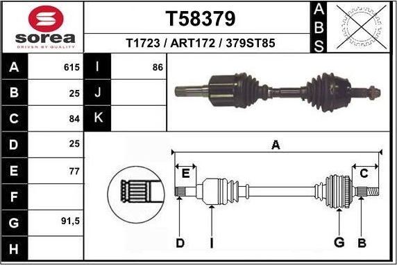 Полуось (привод в сборе, приводной вал) EAI. Артикул T58379