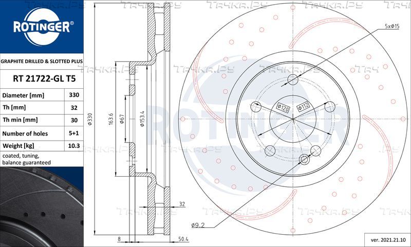 Тормозной диск Rotinger GRAPHITE DRILLED & SLOTTED PLUS. Артикул RT 21722-GL T5