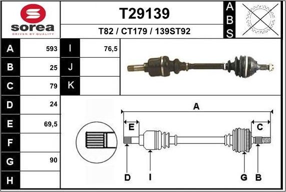 Полуось (привод в сборе, приводной вал) EAI. Артикул T29139
