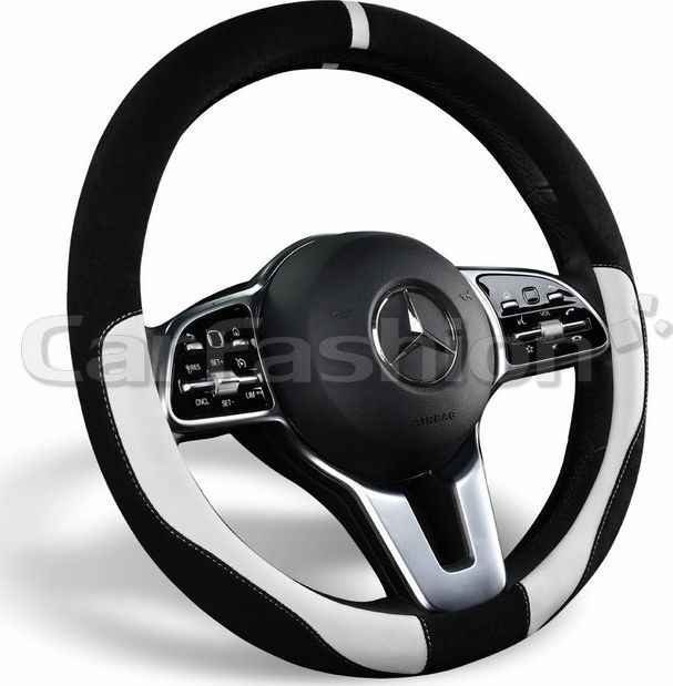 Оплётка на руль CarFashion Tag (размер M, искусственная замша/экокожа, цвет ЧЕРНЫЙ/БЕЛЫЙ). Артикул 31608