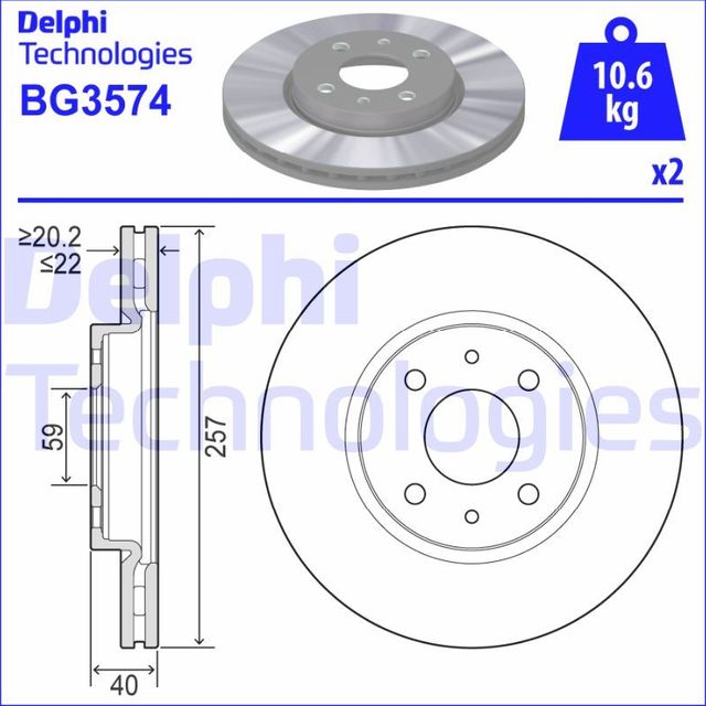 Тормозной диск Delphi передний для Fiat 500 II 2007-2026. Артикул BG3574
