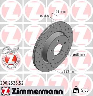 Тормозной диск Zimmermann Sport Coat Z задний для Nissan X-Trail T32 2014-2025. Артикул 200.2536.52