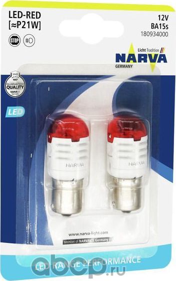 Лампа LED P21W 12V 1,75W BA15s red (блистер 2шт.) (Narva). Артикул 180934000