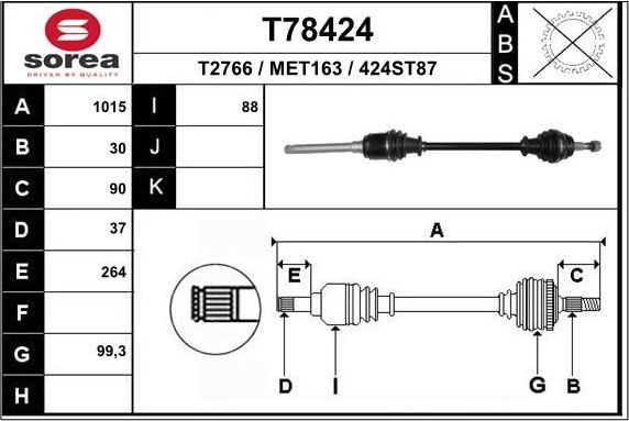 Полуось (привод в сборе, приводной вал) EAI. Артикул T78424