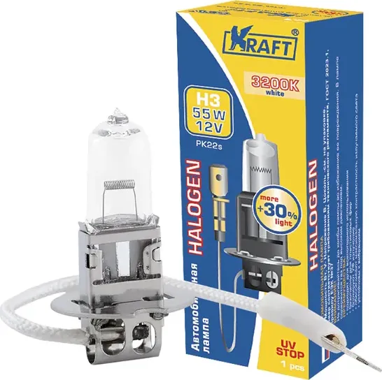 Автолампа H3 +30% 12v 55w (PK22s) (Kraft). Артикул KT700070