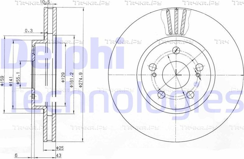 Тормозной диск Delphi передний для Toyota Caldina III 2002-2007. Артикул BG3823