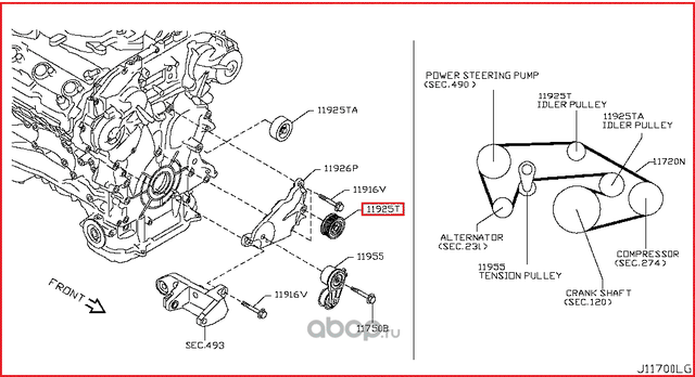 Направляющий (ведущий) ролик приводного поликлинового ремня Nissan. Артикул 11925JK20D