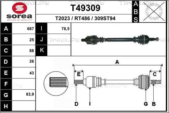 Полуось (привод в сборе, приводной вал) EAI. Артикул T49309