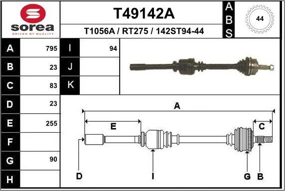 Полуось (привод в сборе, приводной вал) EAI. Артикул T49142A