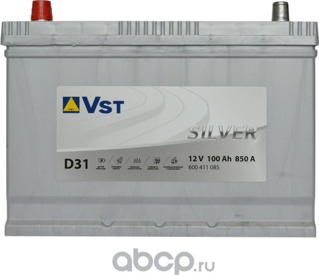 АКБ VST SILVER Asia 6CT-100.1 A/h VL D31 (+/-) 12V 850 A EN 305х174.5х 225 / 600 VST. Артикул 600411085