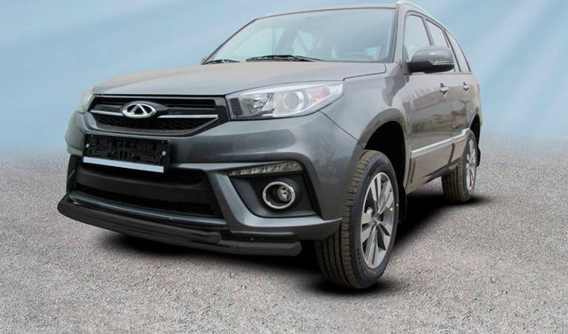 Защита Slitkoff переднего бампера d57+d42 двойная для Chery Tiggo 3 2017-2020 Черная. Артикул CT3-002В