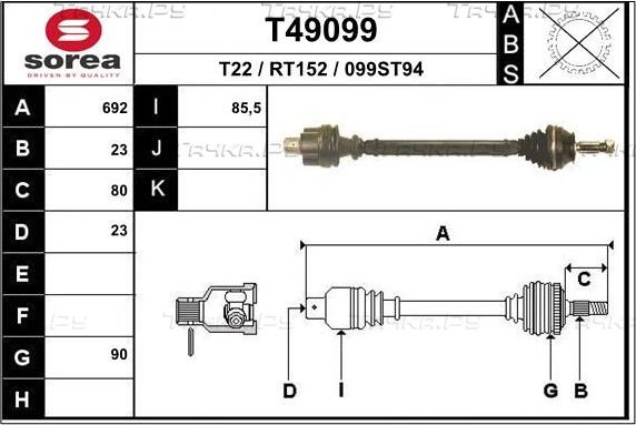 Полуось (привод в сборе, приводной вал) EAI. Артикул T49099