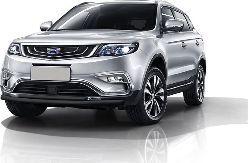 Защита Slitkoff переднего бампера d76+d42 двойная для Geely Atlas 2018-2026 Черная. Артикул GEAT02B