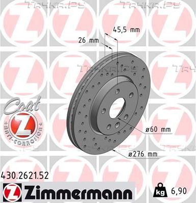 Тормозной диск Zimmermann Sport Coat Z передний для Opel Astra J 2009-2017. Артикул 430.2621.52