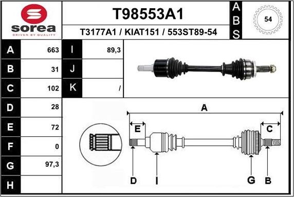 Полуось (привод в сборе, приводной вал) EAI. Артикул T98553A1