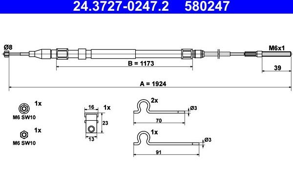 Трос ручника (тросик ручного тормоза) ATE. Артикул 24.3727-0247.2