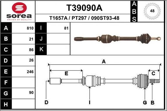 Полуось (привод в сборе, приводной вал) EAI. Артикул T39090A