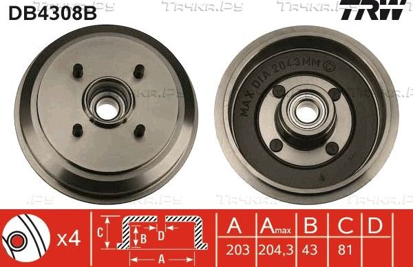 Тормозной барабан TRW задний для Ford Fusion I 2002-2012. Артикул DB4308B