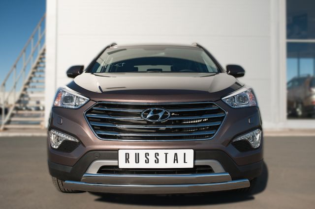 Защита RusStal переднего бампера d74х42 (дуга) d75х42 (дуга) для Hyundai Grand Santa Fe 2014-2016. Артикул HSFZ-002006