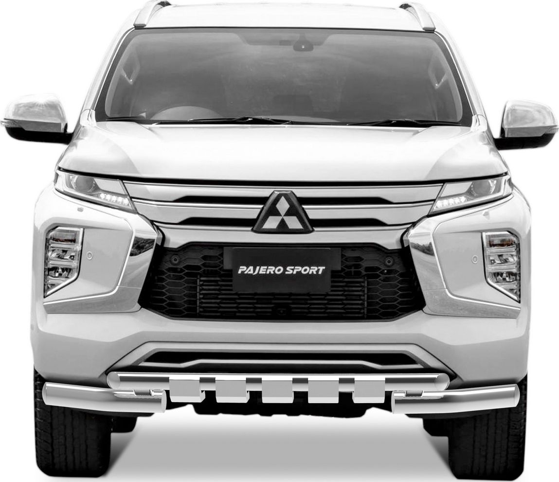 Защита Rival переднего бампера d76+d57 с профильной защитой картера для Mitsubishi Pajero Sport (Мицубиси Паджеро Спорт) III поколение рестайлинг 2021-2026. Артикул R.4017.001