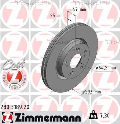Тормозной диск Zimmermann Coat Z передний для Honda Civic IX 2012-2016. Артикул 280.3189.20