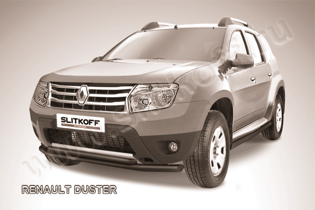 Защита Slitkoff переднего бампера d57/42 двойная ЧЕРНАЯ матовая для Renault Duster I 2010-2015. Артикул RD002B
