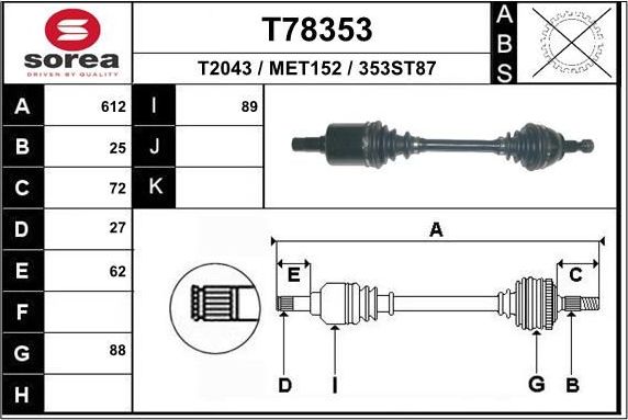 Полуось (привод в сборе, приводной вал) EAI. Артикул T78353