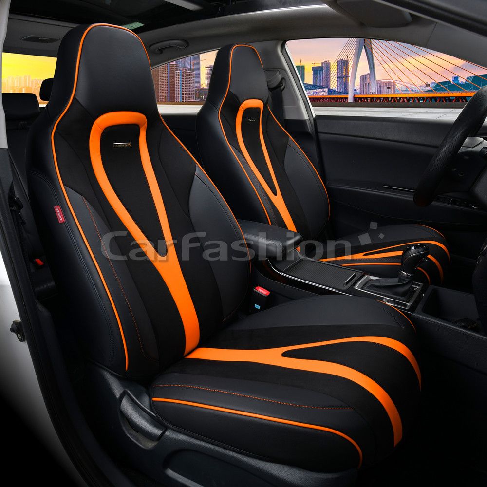 Чехлы универсальные каркасные CarFashion 5D Integral на передние сидения авто, цвет Черный/Черный/Оранжевый. Артикул 26162
