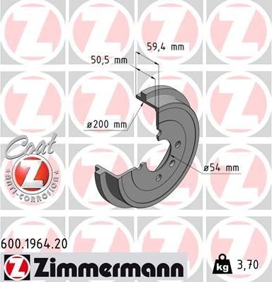 Тормозной барабан Zimmermann Coat Z для SEAT Mii 2011-2026. Артикул 600.1964.20