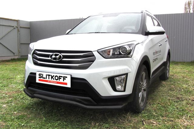 Защита Slitkoff переднего бампера d57 волна для Hyundai Creta 4WD 2016-2021 Черная. Артикул HCRET4WD002B