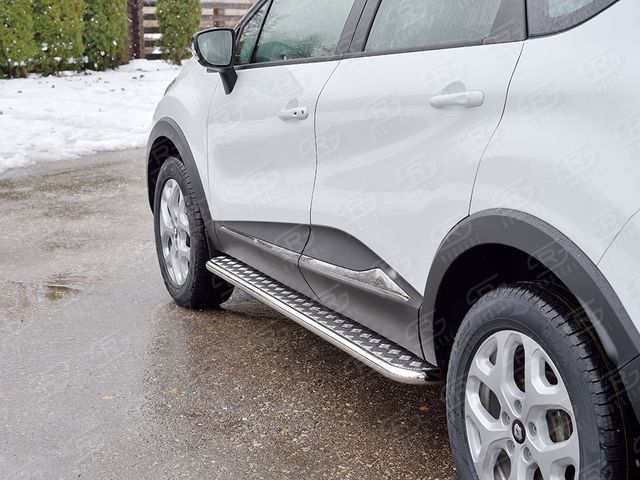 Защита RusStal порогов труба d42 с листом (Лист алюм, проф. нерж) (Вариант 1) для Renault Kaptur 2016-2026. Артикул RKPL-0024681