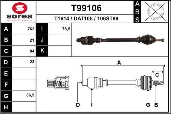 Полуось (привод в сборе, приводной вал) EAI. Артикул T99106