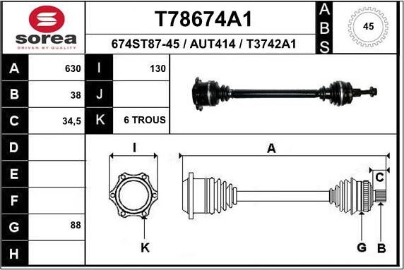 Полуось (привод в сборе, приводной вал) EAI передняя правая для Audi A4 II (B6) 2000-2004. Артикул T78674A1
