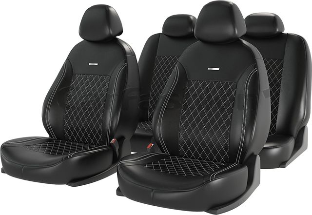 Чехлы универсальные CarFashion Atom Leather Ромб на сидения авто, цвет Черный/Черный/Белый. Артикул 11146