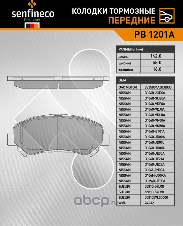 Колодки тормозные передние PB 1201A (Senfineco). Артикул PB1201A