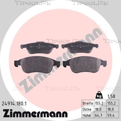 Тормозные колодки Zimmermann передние для Dacia Duster I 2010-2018. Артикул 24914.180.1