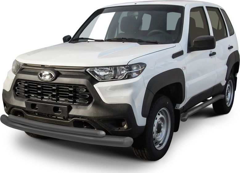 Защита Slitkoff переднего бампера d76+d57 двойная для Lada Niva Travel 2020-2026 Серебристая. Артикул NivTR003S