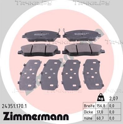 Тормозные колодки Zimmermann передние для Kia Sorento II 2009-2026. Артикул 24351.170.1