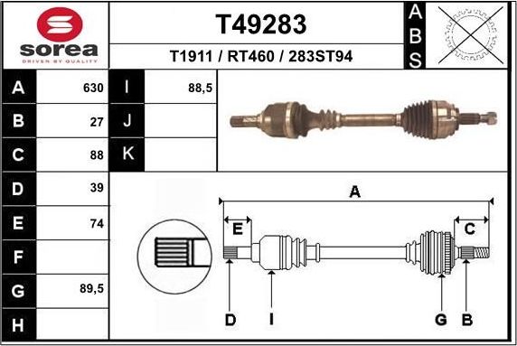 Полуось (привод в сборе, приводной вал) EAI. Артикул T49283