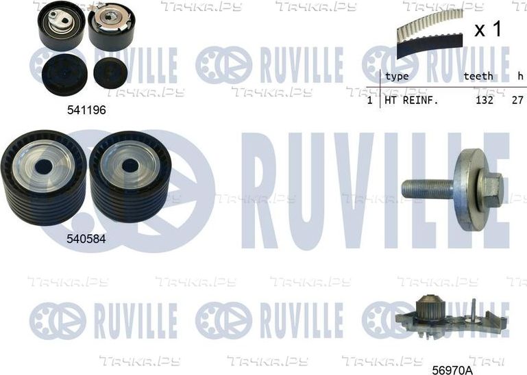 Помпа (водяной насос) с комплектом ремня ГРМ Ruville для Renault Modus I 2004-2012. Артикул 5503571