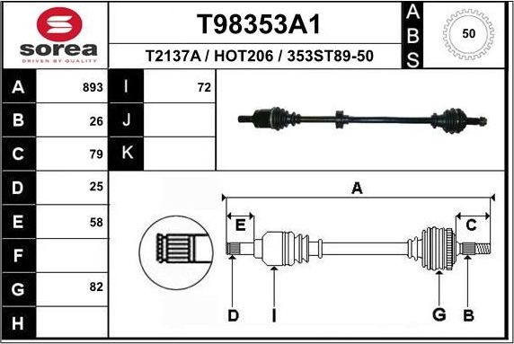 Полуось (привод в сборе, приводной вал) EAI передняя левая для Honda Civic VII 2000-2005. Артикул T98353A1