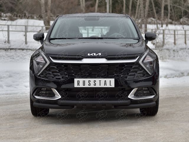 Защита RusStal переднего бампера d63 секции-d63 уголки+клыки для Kia Sportage V (кроме Style и X-Line) 2021-2026 Черная. Артикул KSZ-004029CH